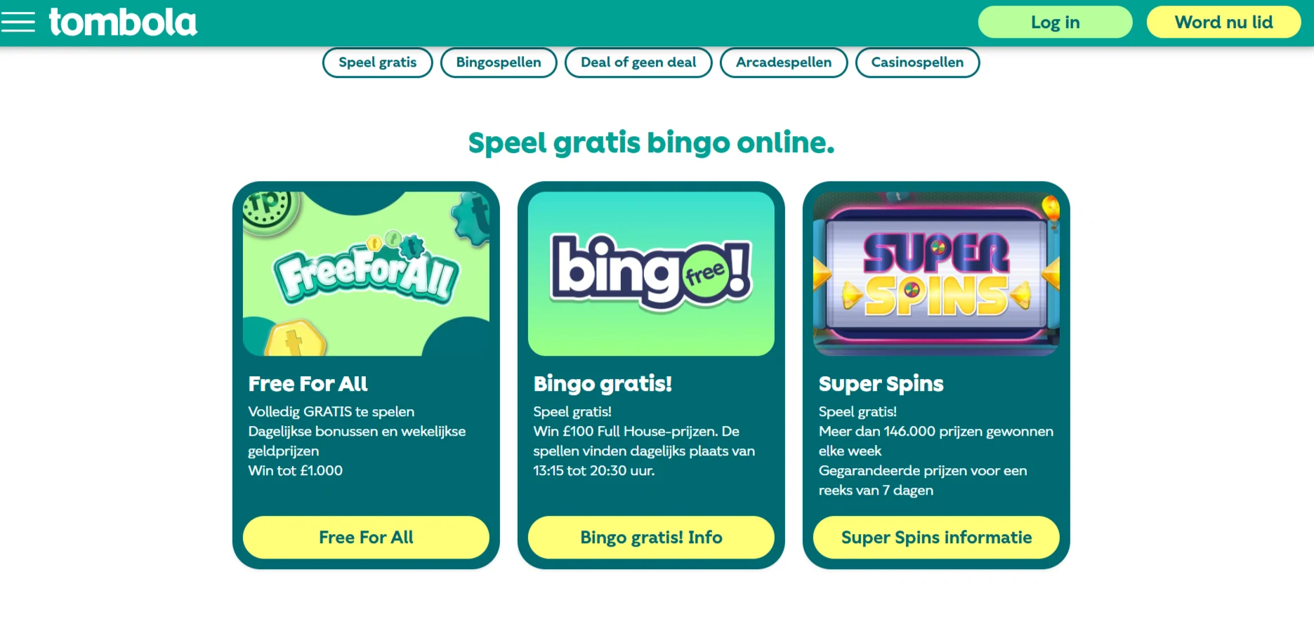 Actuele tombola-bingopagina met een eigen spelconcept op de Britse website