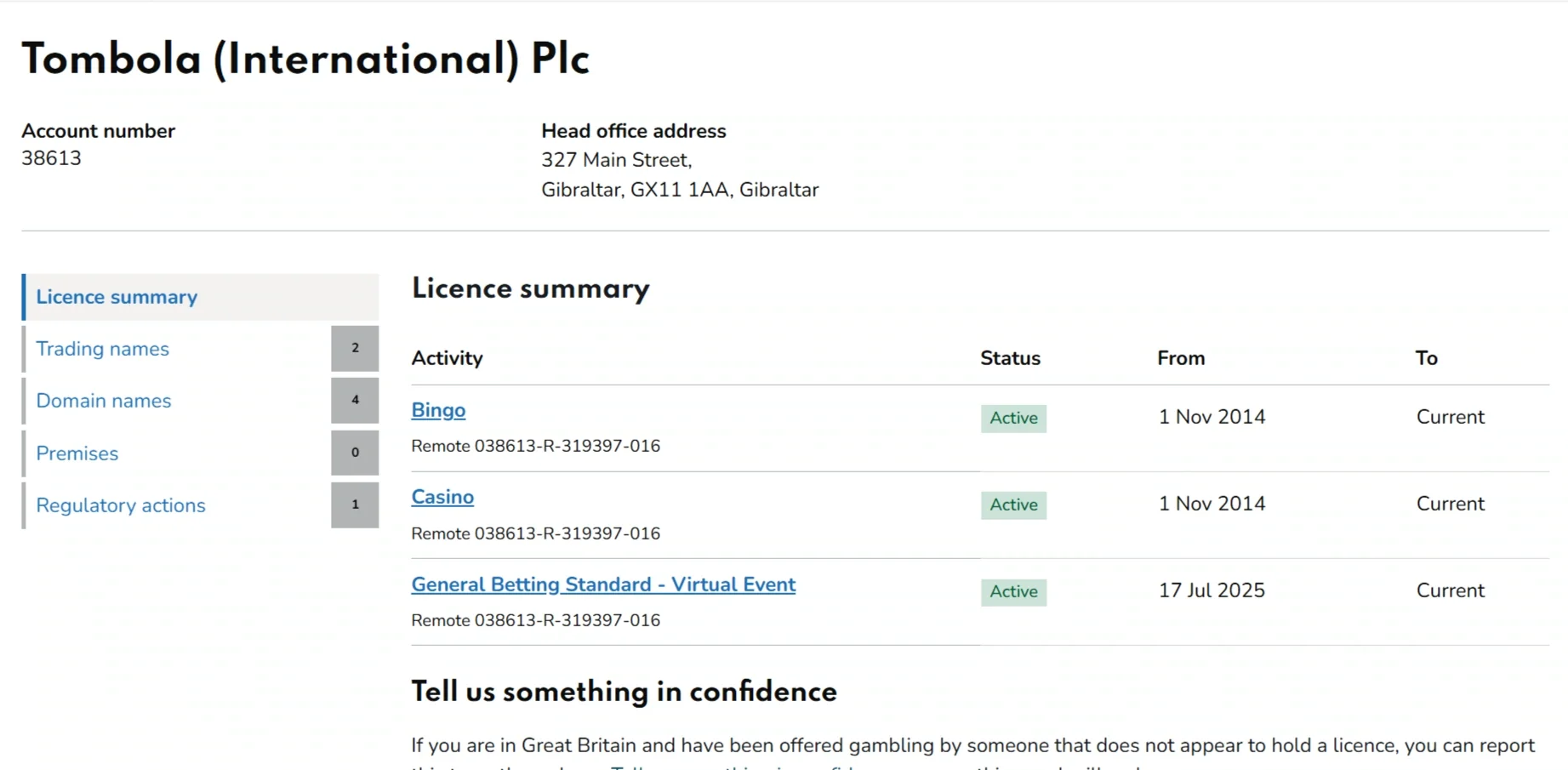 UK Gambling Commission registervermelding voor Tombola International Plc onder account 38613