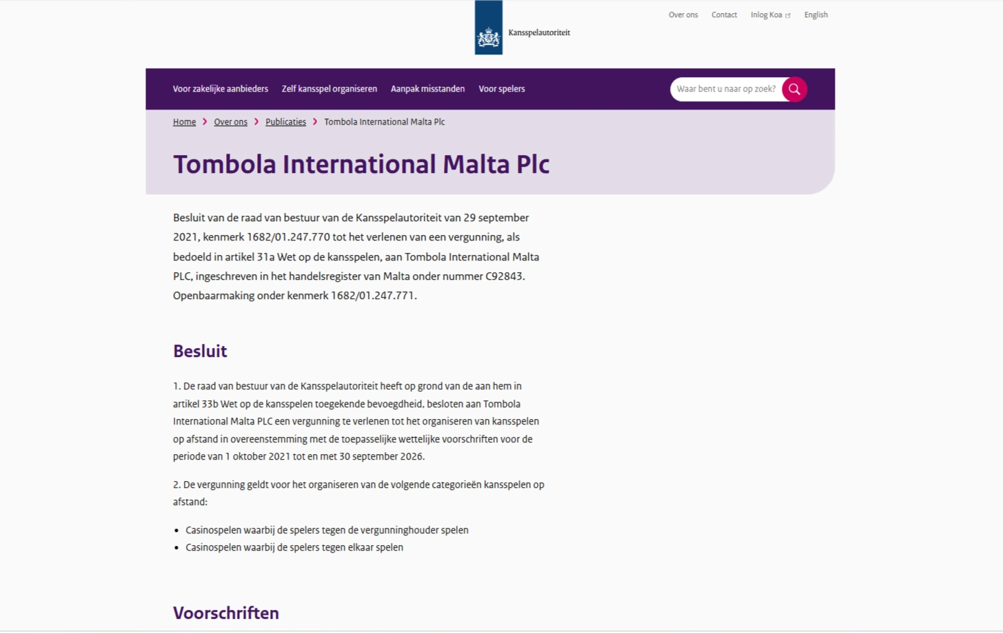 Ksa-besluit over de historische Nederlandse vergunning van Tombola International Malta PLC