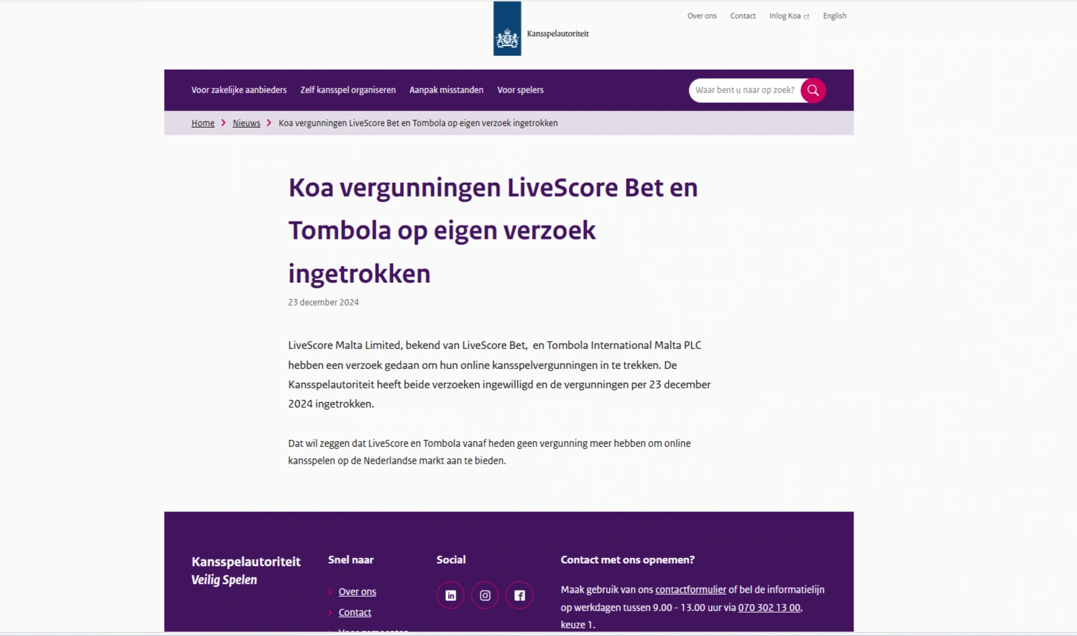 Ksa-bericht over de intrekking van de Nederlandse Koa-vergunning van Tombola in december 2024