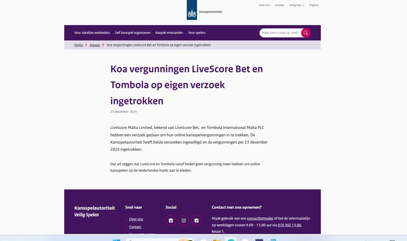 Ksa-publicatie over de ingetrokken Koa-vergunning van Tombola per 23 december 2024